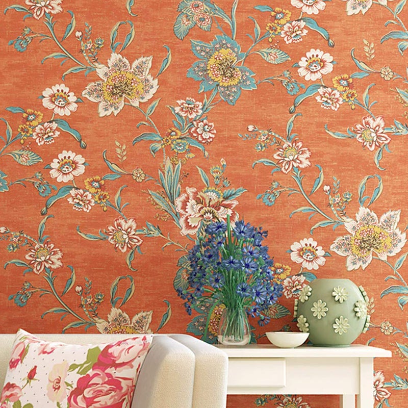 TAOGIFT Peel and Stick Vintage Floral Wallpaper Self Adhesive Non-Woven Flower Contact Paper Kitchen Bathroom Backsplash Wall Paper Mural Sticker (Orange, 20.86inx9.8ft) - Image 1